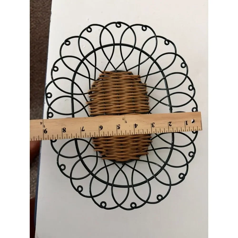 vtg Metal and wicker oval basket with fleur design